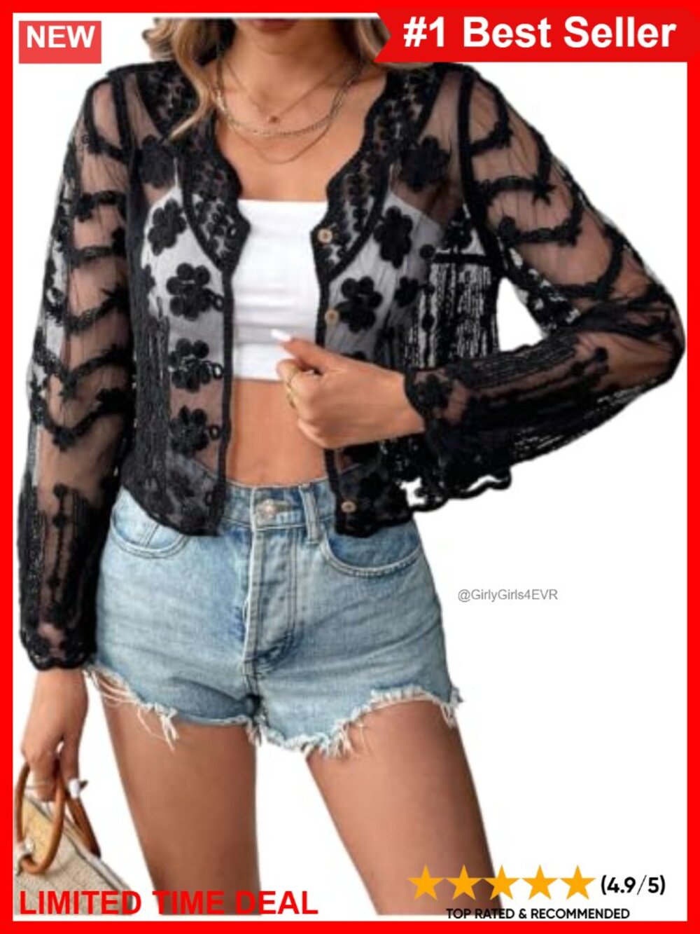 Women's Lace Embroidered V-Neck Button Up Long Sleeve Blouse Sheer Mesh Top